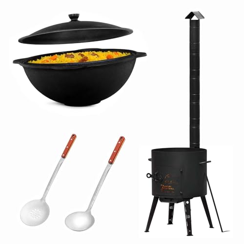 Ø40 Uchag 2 mm Stahl mit verlängertem XXL-Abzugsrohr 12L Kazan Kasan (flacher boden) Utschak Utschag Feldküche Feuerstelle Campingofen Außenküche Rohr extra land Eintopfofen Schaumkelle Suppenkelle von BIG-PAN