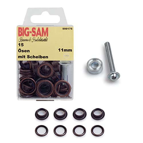 BIG-SAM - Ösen mit Scheiben | Innendurchmesser 4, 5, 8, 11 oder 14mm | Silberfarben, Goldfarben, Altmessing, Altkupfer, Brüniert | in Dosenverpackung mit Werkzeug und Anleitung (Altkupfer, 11mm) von BIG-SAM