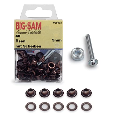 BIG-SAM - Ösen mit Scheiben | Innendurchmesser 4, 5, 8, 11 oder 14mm | Silberfarben, Goldfarben, Altmessing, Altkupfer, Brüniert | in Dosenverpackung mit Werkzeug und Anleitung (Altkupfer, 5mm) von BIG-SAM