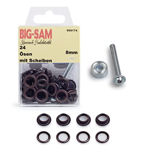 BIG-SAM - Ösen mit Scheiben | Innendurchmesser 4, 5, 8, 11 oder 14mm | Silberfarben, Goldfarben, Altmessing, Altkupfer, Brüniert | in Dosenverpackung mit Werkzeug und Anleitung (Altkupfer, 8mm) von BIG-SAM