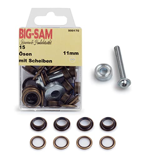 BIG-SAM - Ösen mit Scheiben | Innendurchmesser 4, 5, 8, 11 oder 14mm | Silberfarben, Goldfarben, Altmessing, Altkupfer, Brüniert | in Dosenverpackung mit Werkzeug und Anleitung (Altmessing, 11mm) von BIG-SAM