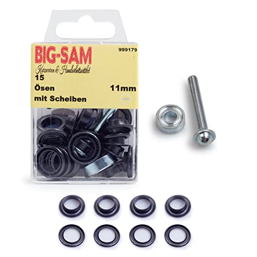 BIG-SAM - Ösen mit Scheiben | Innendurchmesser 4, 5, 8, 11 oder 14mm | Silberfarben, Goldfarben, Altmessing, Altkupfer, Brüniert | in Dosenverpackung mit Werkzeug und Anleitung (Brüniert, 11mm) von BIG-SAM