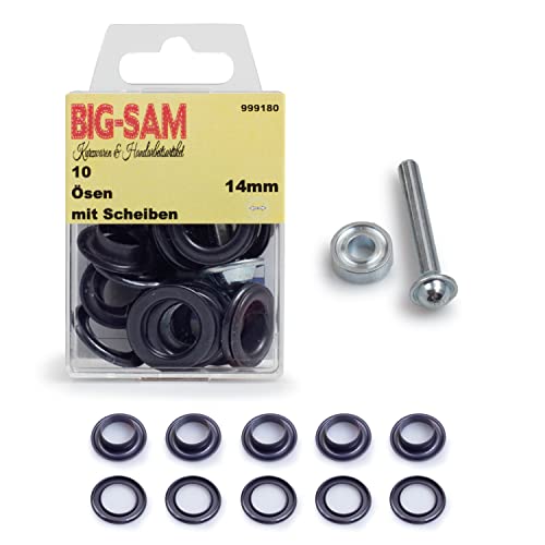 BIG-SAM - Ösen mit Scheiben | Innendurchmesser 4, 5, 8, 11 oder 14mm | Silberfarben, Goldfarben, Altmessing, Altkupfer, Brüniert | in Dosenverpackung mit Werkzeug und Anleitung (Brüniert, 14mm) von BIG-SAM