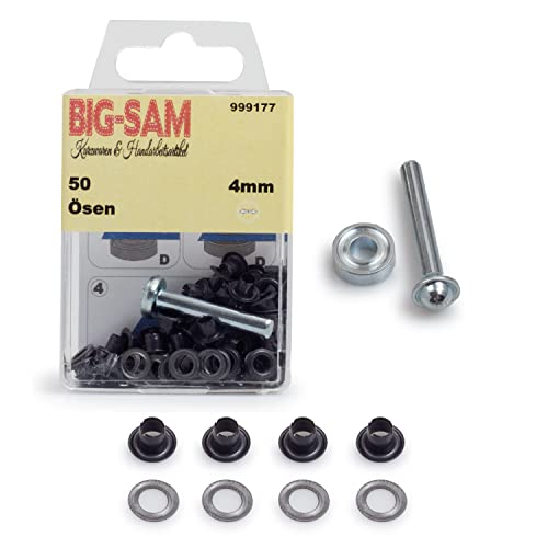 BIG-SAM - Ösen mit Scheiben | Innendurchmesser 4, 5, 8, 11 oder 14mm | Silberfarben, Goldfarben, Altmessing, Altkupfer, Brüniert | in Dosenverpackung mit Werkzeug und Anleitung (Brüniert, 4mm) von BIG-SAM