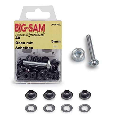 BIG-SAM - Ösen mit Scheiben | Innendurchmesser 4, 5, 8, 11 oder 14mm | Silberfarben, Goldfarben, Altmessing, Altkupfer, Brüniert | in Dosenverpackung mit Werkzeug und Anleitung (Brüniert, 5mm) von BIG-SAM