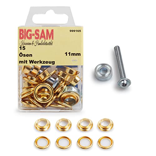 BIG-SAM - Ösen mit Scheiben | Innendurchmesser 4, 5, 8, 11 oder 14mm | Silberfarben, Goldfarben, Altmessing, Altkupfer, Brüniert | in Dosenverpackung mit Werkzeug und Anleitung (Gold, 11mm) von BIG-SAM