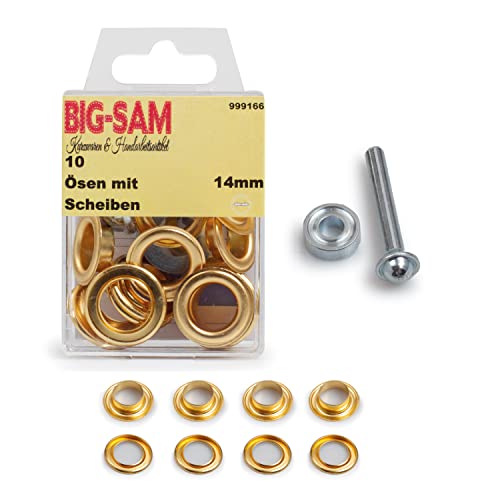 BIG-SAM - Ösen mit Scheiben | Innendurchmesser 4, 5, 8, 11 oder 14mm | Silberfarben, Goldfarben, Altmessing, Altkupfer, Brüniert | in Dosenverpackung mit Werkzeug und Anleitung (Gold, 14mm) von BIG-SAM