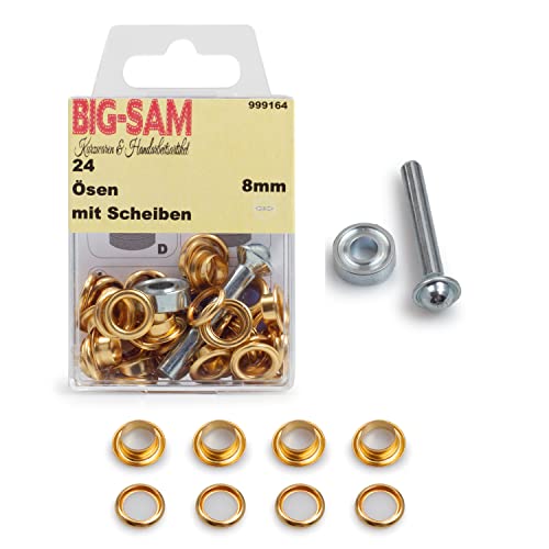 BIG-SAM - Ösen mit Scheiben | Innendurchmesser 4, 5, 8, 11 oder 14mm | Silberfarben, Goldfarben, Altmessing, Altkupfer, Brüniert | in Dosenverpackung mit Werkzeug und Anleitung (Gold, 8mm) von BIG-SAM