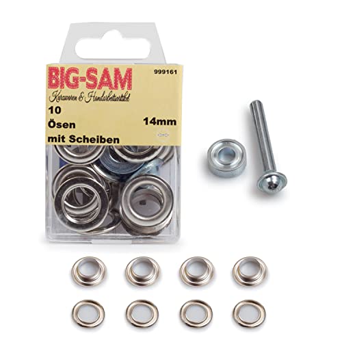 BIG-SAM - Ösen mit Scheiben | Innendurchmesser 4, 5, 8, 11 oder 14mm | Silberfarben, Goldfarben, Altmessing, Altkupfer, Brüniert | in Dosenverpackung mit Werkzeug und Anleitung (Silber, 14mm) von BIG-SAM