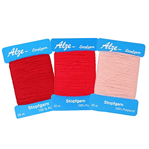 3er Set Stopfgarn | zum Stopfen und ausbessern von Löchern, Laufmaschen und bei Strickwaren | auch als Beilaufgarn zu verwenden | 20 Meter pro Karte | 100% Polyacryl (Dunkelrot - Rot - Rosa) von BIG-SAM