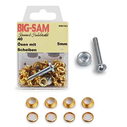 BIG-SAM - Ösen mit Scheiben | Innendurchmesser 4, 5, 8, 11 oder 14mm | Silberfarben, Goldfarben, Altmessing, Altkupfer, Brüniert | in Dosenverpackung mit Werkzeug und Anleitung (Gold, 5mm) von BIG-SAM