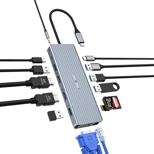 USB C Dockingstation, 14 in 1 Multiport USB C Adapter mit Dual 4K HDMI, VGA, USB A 3.1, USB C 3.1, 4 USB A 2.0, Gigabit Ethernet, SD&TF, 100 W PD und 3,5 mm Klinke, kompatibel mit USB C Gerätetypen USB C Dockingstation, 14 in 1 Multiport USB C Adapter mit Dual 4K HDMI, VGA, USB A 3.1, USB C 3.1, 4 USB A 2.0, Gigabit Ethernet, SD&TF, 100 W PD und 3,5 mm Klinke, kompatibel mit USB C Gerätetypen von BIGBIG WON