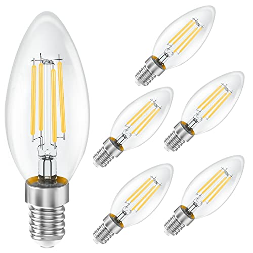 E14 LED Warmweiss, LED Birne E14 4W Ersetzt 35W Halogenlampen, C35 Kerze E14 Filament Energiesparlampe für Kristallleuchter, Kronleuchter, 360°Abstrahlwinkel Glas, Nicht Dimmbar, 2700K 6 Stück von LEDYA