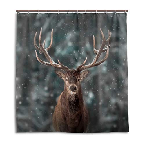 BIGJOKE Duschvorhang, Hirsch, Winter, Schnee, Wald, schimmelresistent, wasserdichtes Polyestergewebe, Badezimmervorhang, 12 Haken, 167,6 x 182,9 cm, Heimdekoration von BIGJOKE