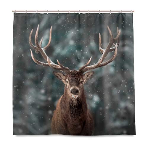 BIGJOKE Duschvorhang, Hirsch, Winter, Schnee, Wald, schimmelresistent, wasserdichter Polyester-Stoff, Badezimmer-Vorhang mit 12 Haken, 183 x 183 cm, Heimdekoration von BIGJOKE