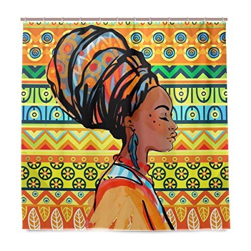 BIGJOKE Duschvorhang, afrikanische Frau, Tribal-Muster, schimmelresistent, wasserdicht, Polyester, 12 Haken, 183 x 183 cm, Heimdekoration von BIGJOKE