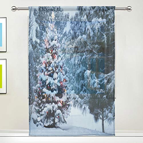 BIGJOKE Fenstervorhang mit schneebedecktem Weihnachtsbaum, für Küche, Wohnzimmer, Schlafzimmer, Büro, Voile, 1 Stück von BIGJOKE