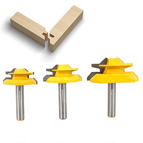 BIGP 3 Stück 45 Grad Verleimfräser Gehrung Fräse Set, 8 mm Schaft 45° Lock Miter Router Bit, 1-3/8", 1-1/2", 2" Schnittdurchmesser Verleimfräser Gehrung Verleimfräser Oberfräser von BIGP