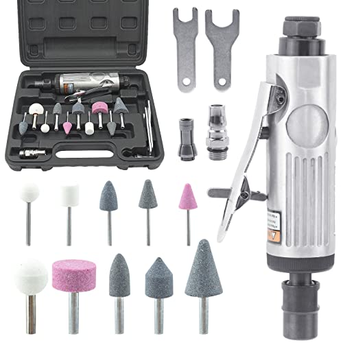 BIGP Druckluftschleifer Set, Druckluft Stabschleifer, gerader pneumatischer Schleifer, Geradschleifer Schleifgerät Set mit 10 Schleifstifte zum Schleifen, Polieren, Gravieren und Entgraten von BIGP