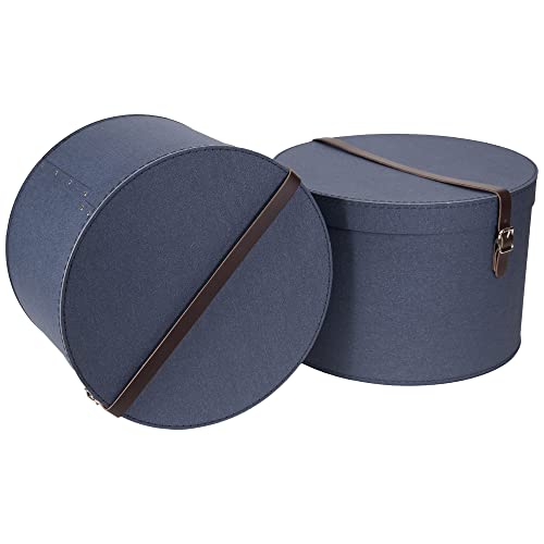 BIGSO BOX OF SWEDEN RUT 2er-Set Aufbewahrungsbox mit Deckel – runde Ordnungsbox mit Lederriemen – große und kleine Hutschachtel aus Faserplatte und Papier in Leinenoptik – blau von BIGSO BOX OF SWEDEN