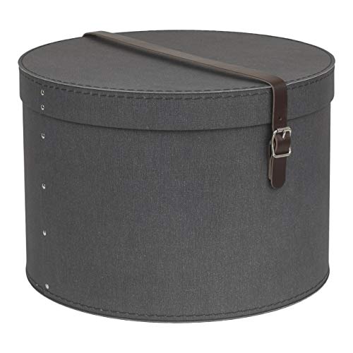 BIGSO RUT 2er-Set Aufbewahrungsbox mit Deckel – runde Ordnungsbox mit Lederriemen – große und kleine Hutschachtel aus Faserplatte und Papier in Leinenoptik – schwarz von BIGSO BOX OF SWEDEN