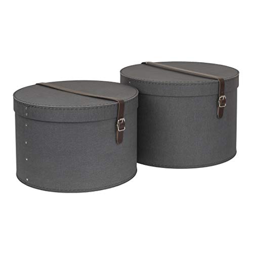 Bigso Box of Sweden 2er-Set Aufbewahrungsbox mit Deckel – runde Ordnungsbox mit Lederriemen – große und kleine Hutschachtel aus Faserplatte und Papier in Leinenoptik – schwarz von BIGSO BOX OF SWEDEN