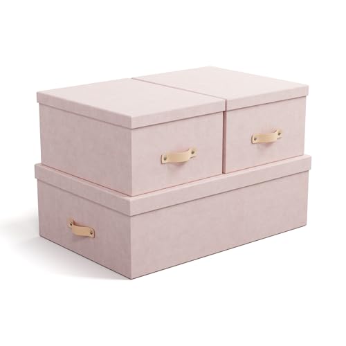 BIGSO INGE 3er-Set Aufbewahrungsboxen für das Schlaf-, Kinder-, Arbeits- oder Badezimmer – Ordnungsbox mit Deckel – Aufbewahrungskisten aus 100% recycelter Faserplatte und Papier in Leinenoptik – rosa von BIGSO BOX OF SWEDEN