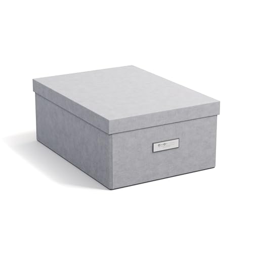 BIGSO KATIA mittelgroße Aufbewahrungsbox mit Deckel – stabiler Organizer aus Faserplatte und Papier in Leinenoptik – praktische Faltbox mit Etikettenrahmen – hellgrau von BIGSO BOX OF SWEDEN