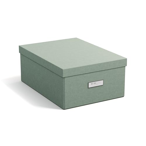 BIGSO KATIA mittelgroße Aufbewahrungsbox mit Deckel – stabiler Organizer aus Faserplatte und Papier in Leinenoptik – praktische Faltbox mit Etikettenrahmen – mintgrün von BIGSO BOX OF SWEDEN