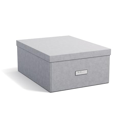BIGSO KATRIN große Aufbewahrungsbox mit Deckel – stabiler Organizer aus Faserplatte und Papier in Leinenoptik – praktische Faltbox mit Etikettenrahmen – hellgrau von BIGSO BOX OF SWEDEN