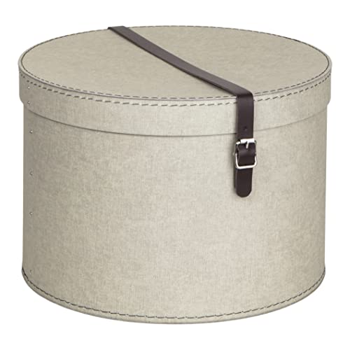 BIGSO RUT 2er-Set Aufbewahrungsbox mit Deckel – runde Ordnungsbox mit Lederriemen – große und kleine Hutschachtel aus Faserplatte und Papier in Leinenoptik – beige von BIGSO BOX OF SWEDEN