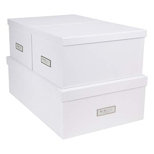 Bigso Box of Sweden INGE 3er-Set Aufbewahrungsboxen für das Schlaf-, Kinder-, Arbeits- oder Badezimmer – stapelbare Ordnungsbox mit Deckel – Aufbewahrungskisten aus Faserplatte und Papier – weiß von BIGSO BOX OF SWEDEN