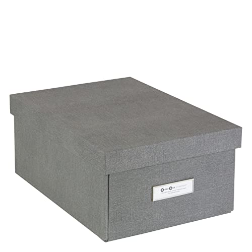 BIGSO KARIN kleine Aufbewahrungsbox mit Deckel – stabiler Organizer aus Faserplatte und Papier in Leinenoptik – praktische Faltbox mit Etikettenrahmen für extra Stauraum – grau von BIGSO BOX OF SWEDEN
