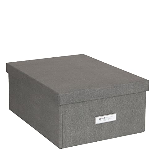 BIGSO KATIA mittelgroße Aufbewahrungsbox mit Deckel – stabiler Organizer aus Faserplatte und Papier in Leinenoptik – praktische Faltbox mit Etikettenrahmen – grau von BIGSO BOX OF SWEDEN