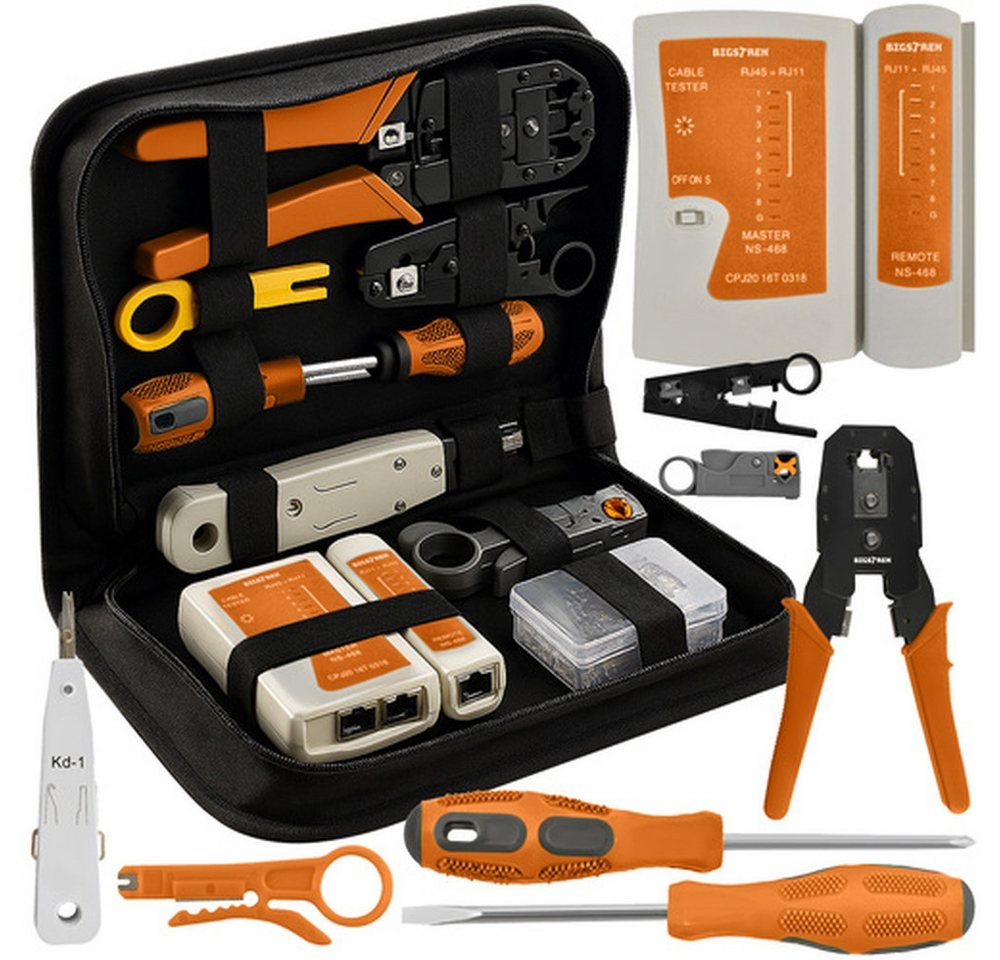BIGSTREN Strommessgerät Kabeltester Netzwerk-Kit, Spar-Set, Toolkits, Komplettset inkl. Crimpzange (4/6/8P), Abisolierer, Pusher, uvm. von BIGSTREN