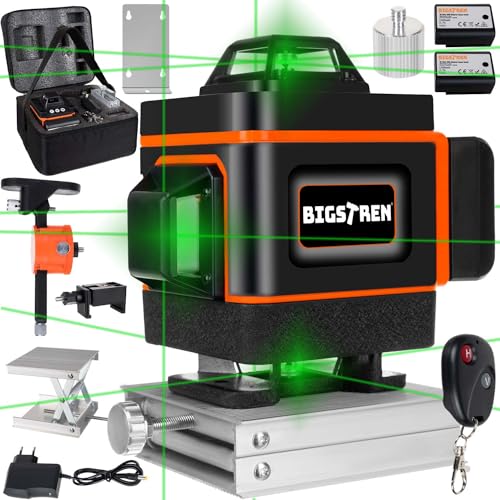 BIGSTREN Kreuzlinienlaser Grün Selbstnivellierend 16 Laserlinie 4D 360 Grad IP54 Staub Wasserschutz Fernbedienung Tasche 18763 von BIGSTREN