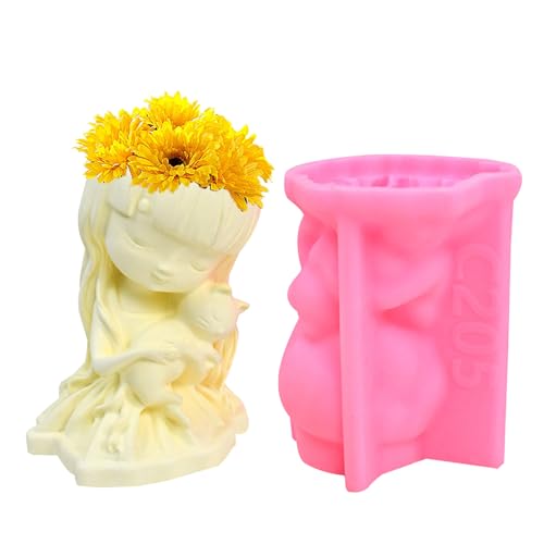 Blumen-Silikonform für Mädchen, Silikonform für Mädchen, Blumentopf-Silikonform, Heimwerker-Haus-Mädchen-Katzen-Garten-Blumentöpfe-Form, 3D-niedliche Silikon-Katzen-Mädchen-Beton-Blumentopfform von BIGUD