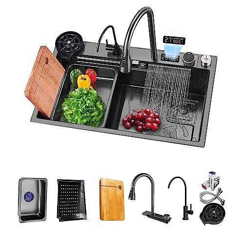 BIGYOUZI Küchenspüle Schwarz 304 Edelstahl mit Vier Wasserströmungsmodi ziehen den Wasserhahn Spüle Küche Große Spülbecken 1 Becken mit LED-Temperaturanzeige mit Komplett-Set Zubehör (80X46X23CM) von BIGYOUZI