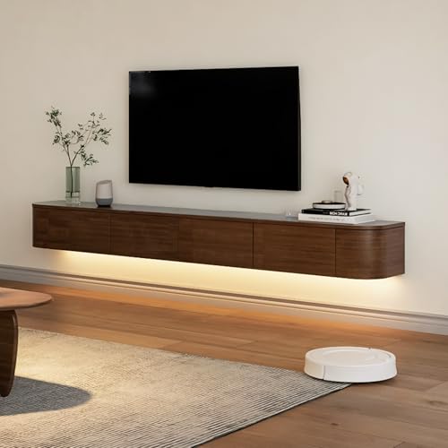 BIGYOUZI Schwebender TV-Schrank aus massivem Holz，Wand TV Schranks Mit Mehreren Ablagemöglichkeiten (Nussbaum＆Licht, 200 * 30 * 20CM) von BIGYOUZI