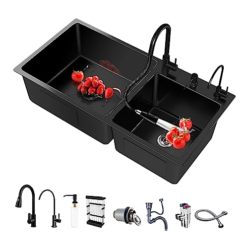 Spüle Küchenspüle Spülbecken Einbauspüle 2 Becken mit Herausziehbare Armaturen mit kleinen Wasserhahn Spüle Küche Spülbecken 2 Becken mit Spüle Zubehör (Schwarz, 82 * 45CM) von BIGYOUZI