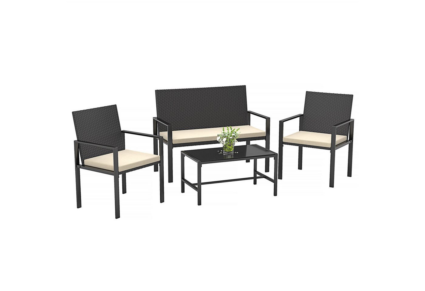 BIGZZIA Gartenlounge-Set Gartenmöbel-Set für den Außenbereich aus Rattan, 4-teilig, für 4 Personen, inklusive 1 Sofa, 2 Sessel, 1 Tisch von BIGZZIA