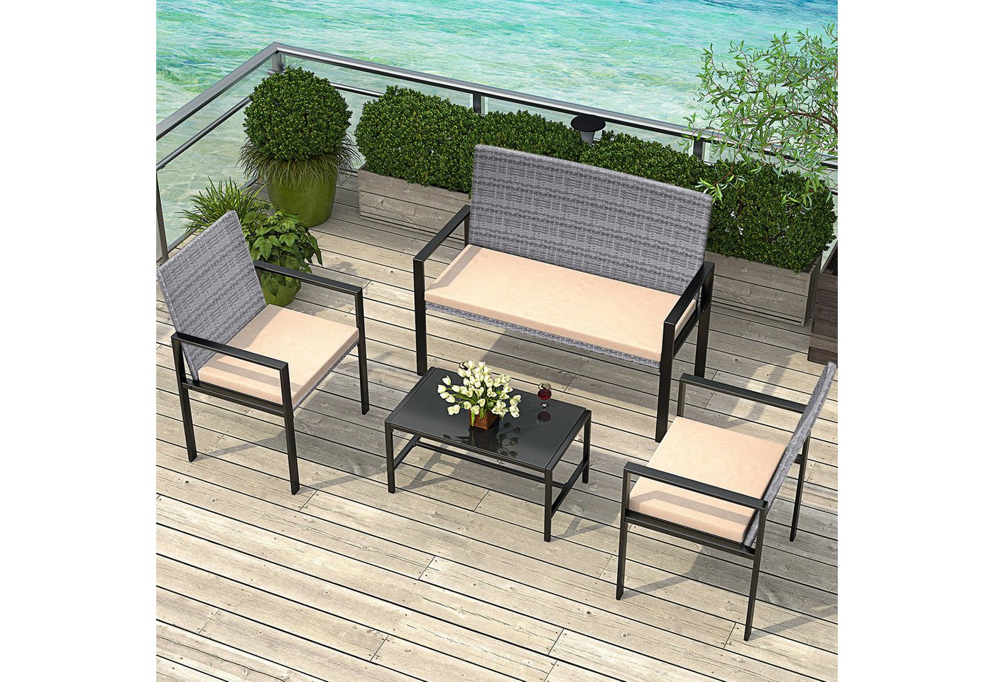 BIGZZIA Gartenlounge-Set Gartenmöbel-Set für den Außenbereich aus Rattan, 4-teilig, für 4 Personen, inklusive 1 Sofa, 2 Sessel, 1 Tisch von BIGZZIA