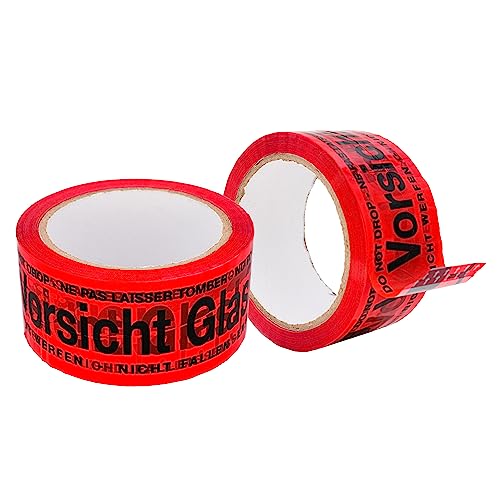 BIGtec 1 Rolle Paketklebeband Vorsicht Glas Klebeband Packband Paketband Verpackungsband Kartonband Standard 66m lang 48mm breit rot Verpackungsmaterial Paket Karton von BIGtec