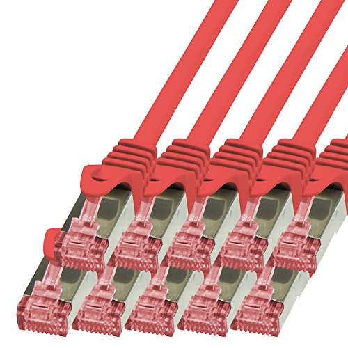 BIGtec LAN Kabel 10 Stück 0,25m Netzwerkkabel Ethernet Internet Patchkabel CAT.6 rot Gigabit SFTP doppelt geschirmt für Netzwerke Modem Router Switch 2 x RJ45 kompatibel zu CAT.5 CAT.6a CAT.7 Stecker von BIGtec