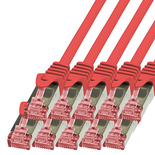 BIGtec LAN Kabel 10 Stück 5m Netzwerkkabel Ethernet Internet Patchkabel CAT.6 rot Gigabit SFTP doppelt geschirmt für Netzwerke Modem Router Switch 2 x RJ45 kompatibel zu CAT.5 CAT.6a CAT.7 Stecker von BIGtec