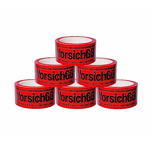 BIGtec 6 Rollen Paketklebeband Vorsicht Glas Klebeband Packband Paketband Verpackungsband Kartonband Standard 66m lang 48mm breit rot Verpackungsmaterial Paket Karton von BIGtec
