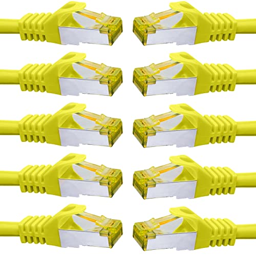 BIGtec LAN Kabel 10 Stück 0,25m Netzwerkkabel CAT7 Ethernet Internet Patchkabel CAT.7 gelb Gigabit doppelt geschirmt Netzwerke Router Switch 2 x Stecker RJ45 kompatibel zu CAT.5 CAT.6 CAT.6a CAT.8 von BIGtec