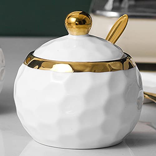BIHOIB Golf Porzellan Zuckerdose Gewürztopf Salzbehälter mit Deckel und Löffel, 1 Packung, moderne Gewürzbox Gewürzdose Weiß und Gold von BIHOIB