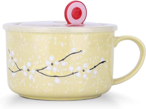 BIIGMING Große Keramiktasse mit Deckel und Griff 800 ml Frühstückstassen Nudelschale Kirschblüten unter Schneeflockenmuster für Nudeln Salat Müslischale (Gelb) von BIIGMING