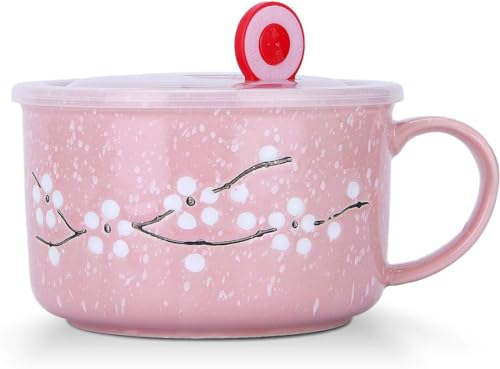 Biigming Große Keramiktasse mit Deckel und Griff 800 ml Frühstückstassen Nudelschale Kirschblüten unter Schneeflockenmuster für Nudeln Salat Müslischale (Rose) von Biigming